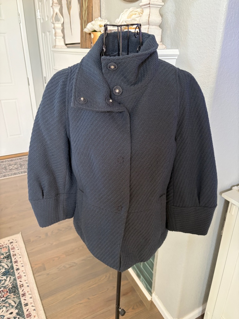 Ann Taylor Navy Textured High-Collar Jacket